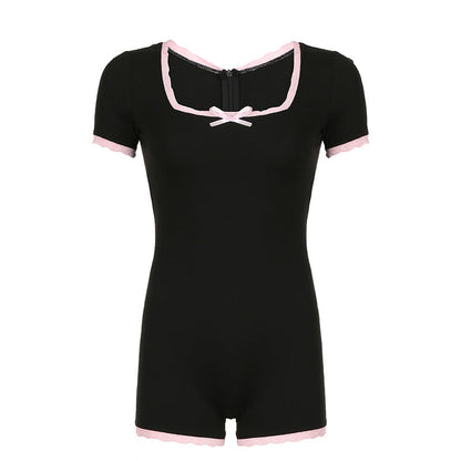 Summer Bow Contrast Color Lace Stitching Square Collar Girl Tight Jumpsuit Shorts