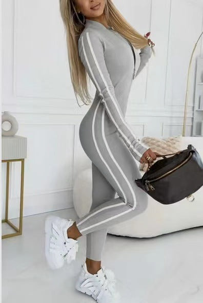 Autumn Winter Slim Striped Half Zipper Jumpsuit