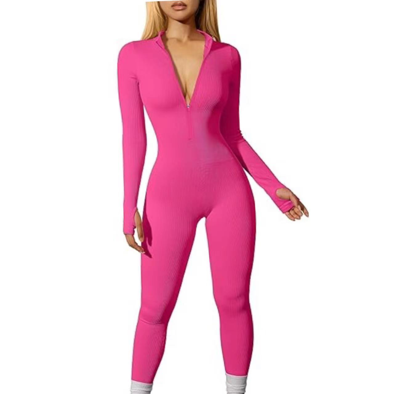 Sports Jumpsuit Workout Ribbed Long Sleeve Zipper Jumpsuit Trousers Tight