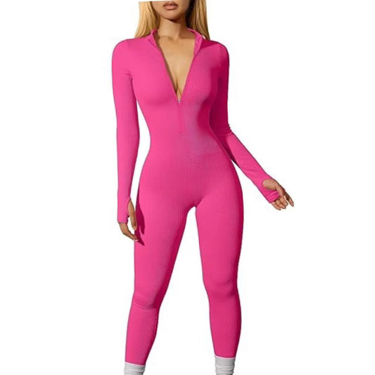 Sports Jumpsuit Workout Ribbed Long Sleeve Zipper Jumpsuit Trousers Tight