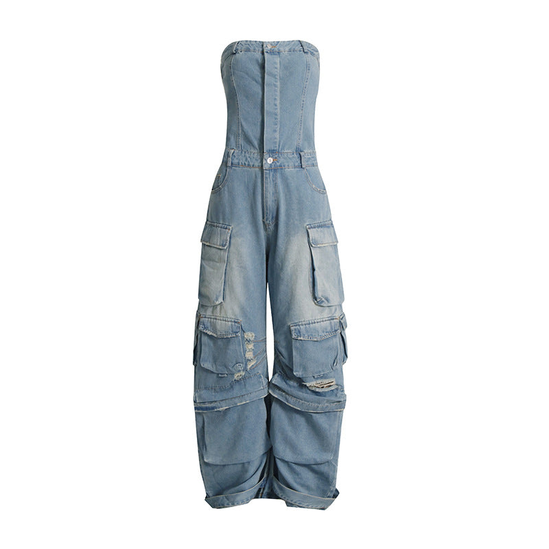 Summer Multi Pocket Ripped Waist Slimming Tube Top Tooling Denim Jumpsuit