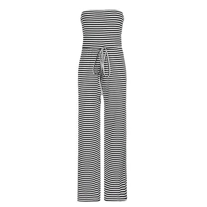 Striped Color Matching Horizontal Bra Lace Up Long Mop Pants Jumpsuit Trousers