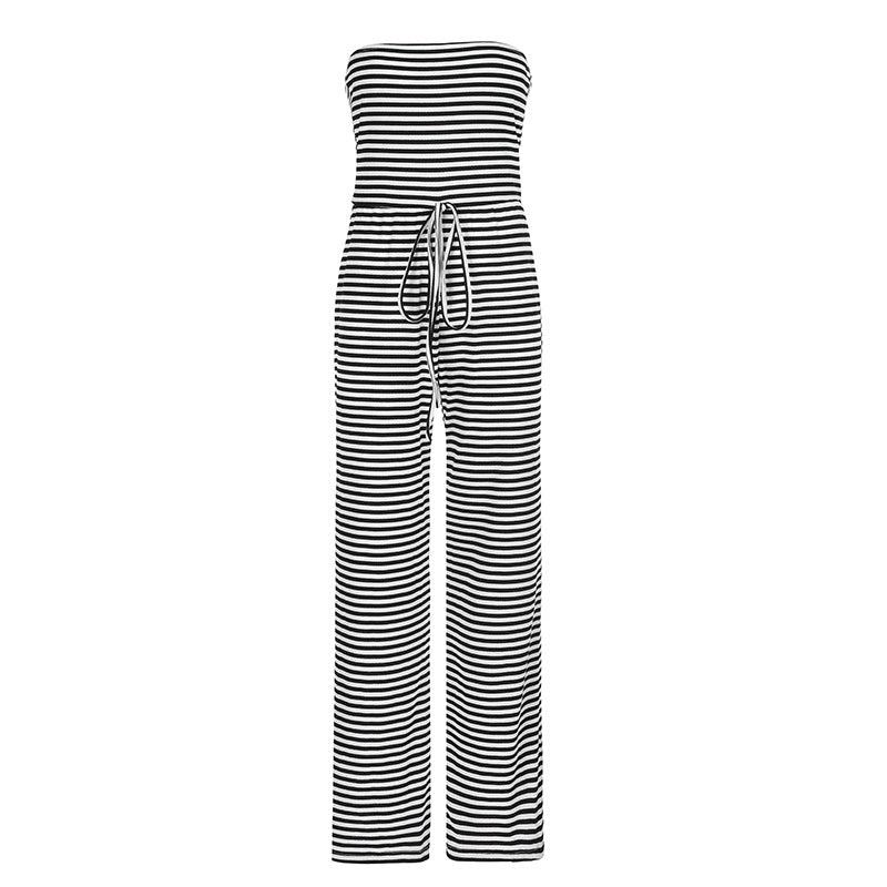 Striped Color Matching Horizontal Bra Lace Up Long Mop Pants Jumpsuit Trousers
