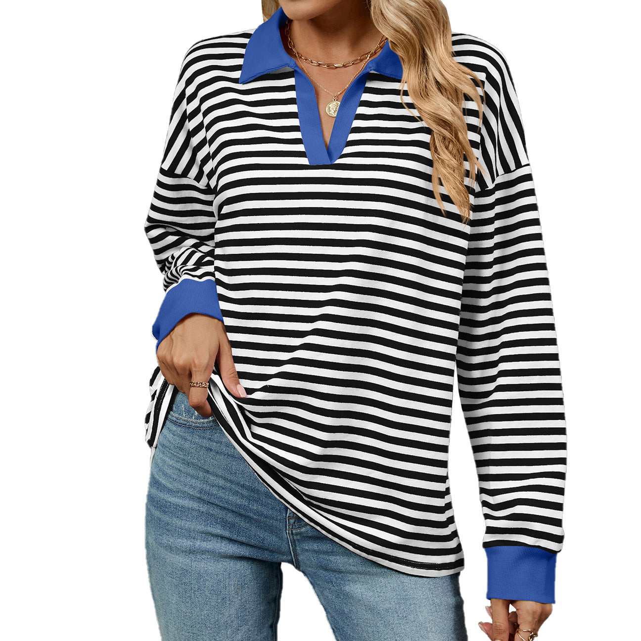 Autumn Winter Contrast Color Lapels Loose Long Sleeve Striped Sweater for