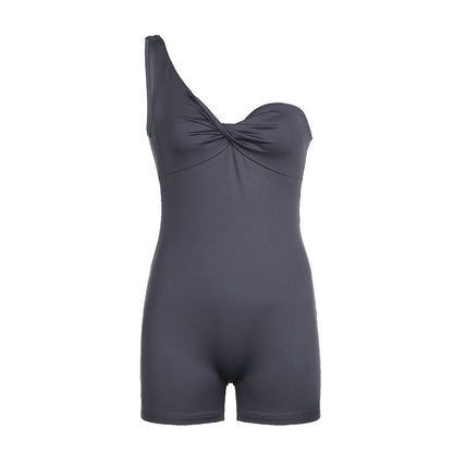 Summer Color One Shoulder Asymmetric Twist Knot Tube Top Sports Jumpsuit Fitness Yoga Shorts