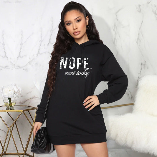 Sweater Autumn Winter Nope Printed Hooded Mid Length Top Short