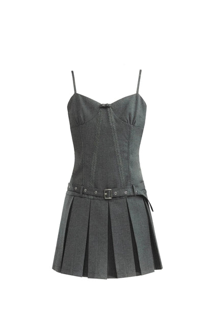 Professional Grey Blazer and Pleated Mini Dress Set