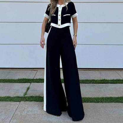 Autumn Winter Clothing Office T Shirt Shory Top Straight Leg Pants Suit Two Piece Set