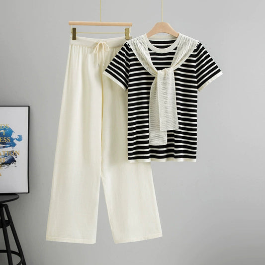 Apricot – Drawstring Short-sleeve Striped Two-piece Set