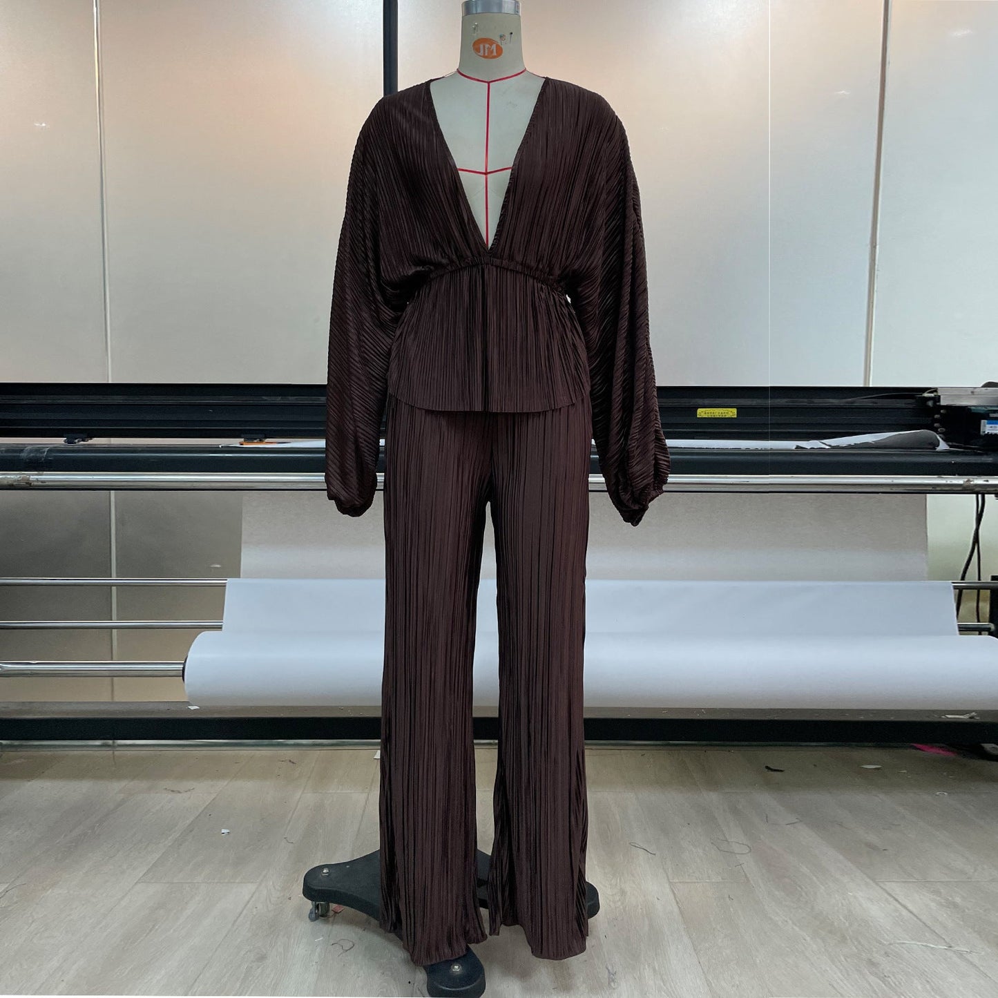 Clothing Set Autumn Winter High Elastic Pleated Waist Deep V Plunge Plunge Wide Leg Pants Two Piece Set