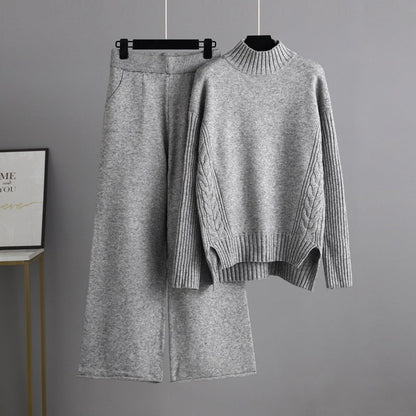 Autumn Winter Fashionable Stylish Sweater Suit Drape Knit Wide Leg Pants Two Piece Set