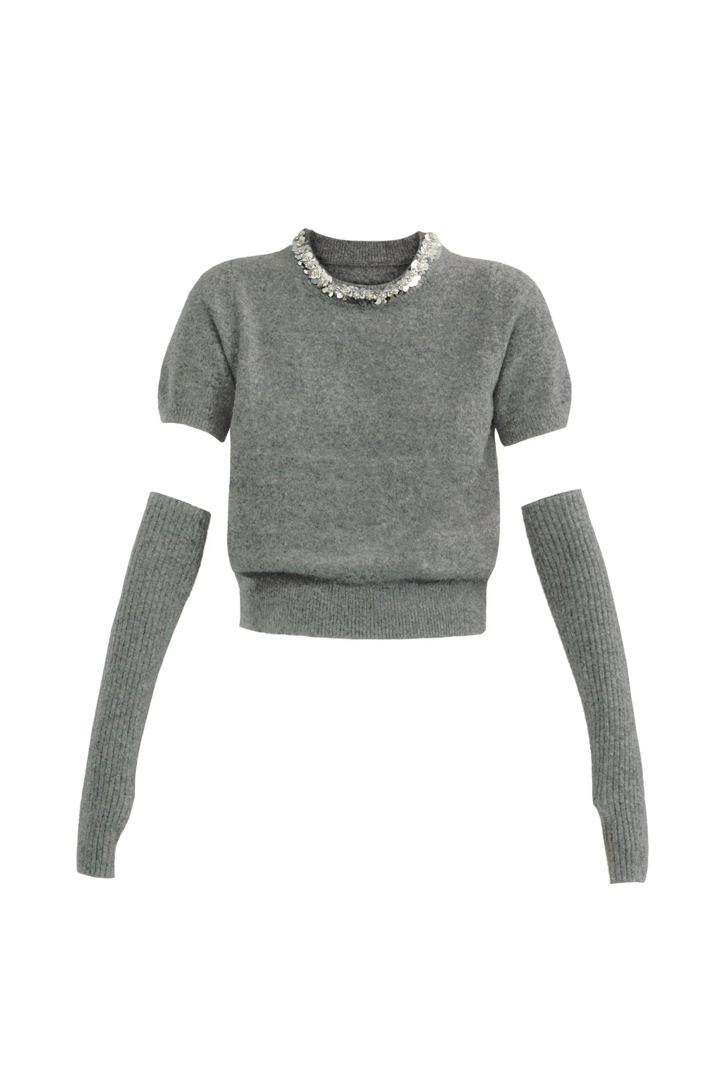 Layered Look: Pearl-trimmed Cropped Sweater With Detachable Arm Warmers