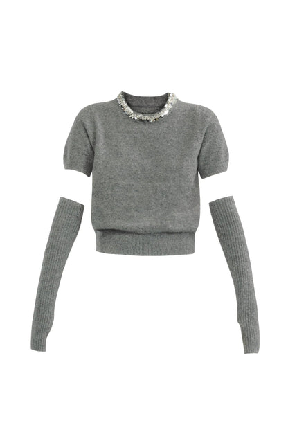 Layered Look: Pearl-trimmed Cropped Sweater With Detachable Arm Warmers
