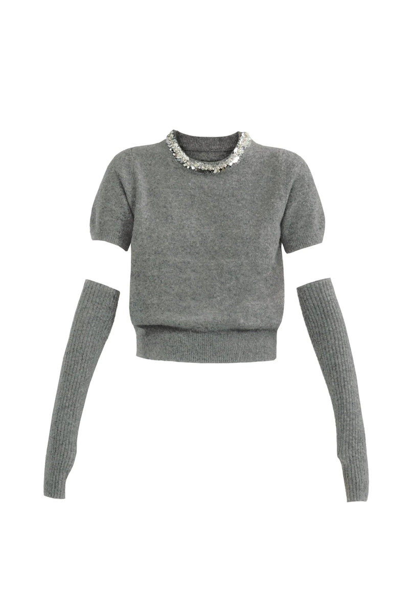 Layered Look: Pearl-trimmed Cropped Sweater With Detachable Arm Warmers