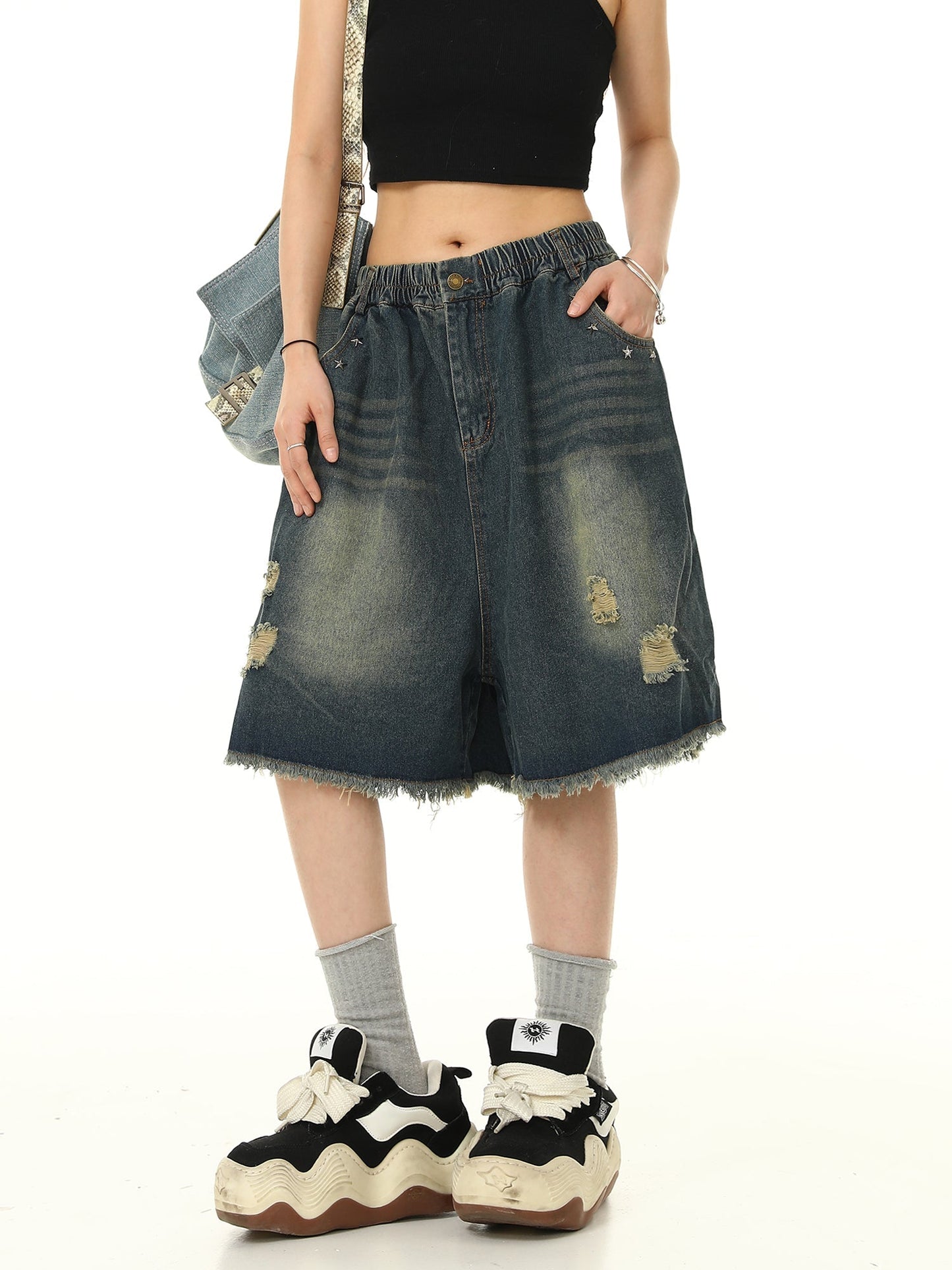 Distressed Denim Bermuda Shorts