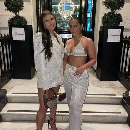 Spring Summer Shiny Blazer Underwear Straight-leg Pants Suit