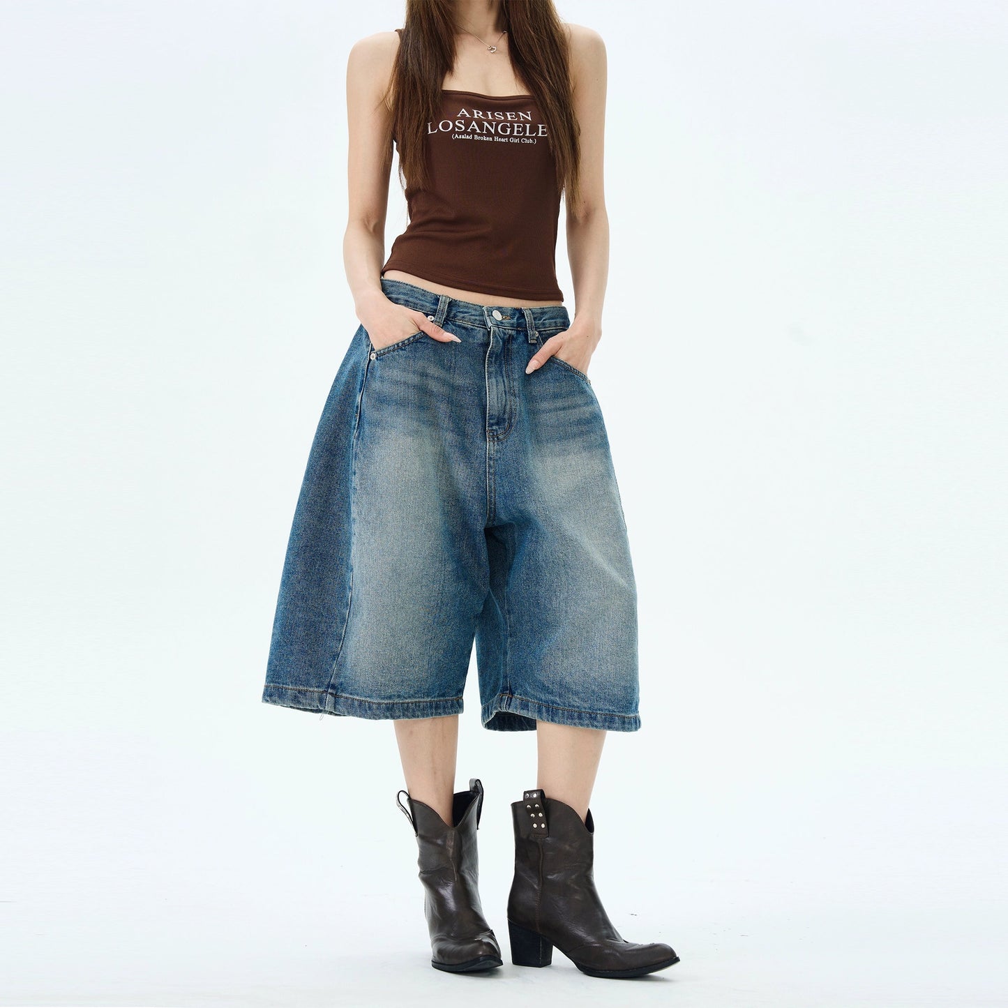Wide-leg Denim Bermuda Shorts