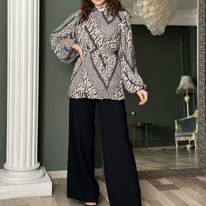 Clothing Autumn Pleated Graceful Puff Sleeve Shirt High Waist Wide Leg Pants Set