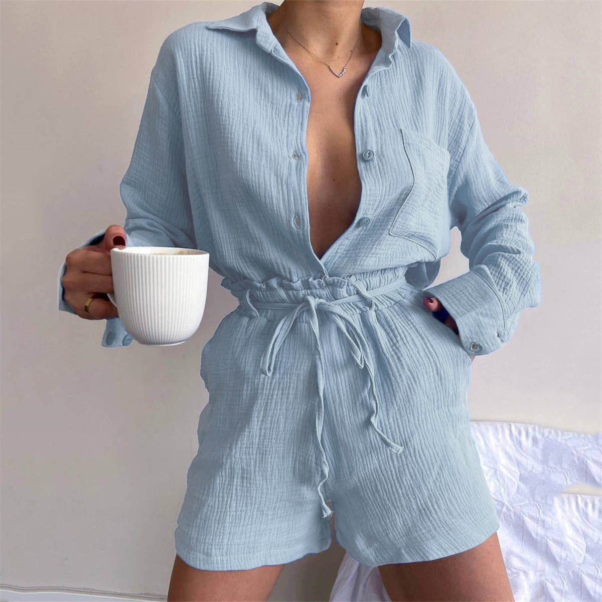 Clothing Suit Pure Cotton Summer Collared Long Sleeve Shirt High Waist Pocket Shorts Two Piece Set