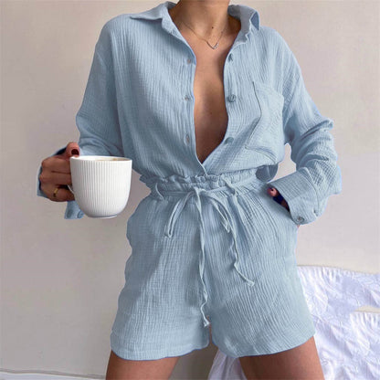 Clothing Suit Pure Cotton Summer Collared Long Sleeve Shirt High Waist Pocket Shorts Two Piece Set