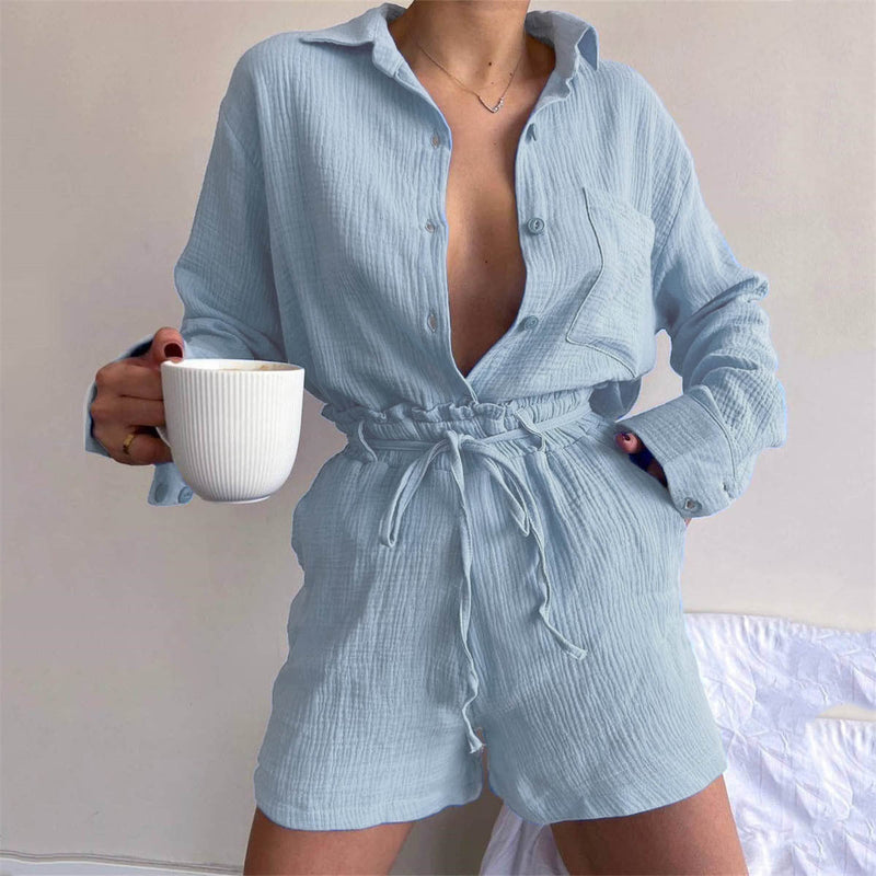 Clothing Suit Pure Cotton Summer Collared Long Sleeve Shirt High Waist Pocket Shorts Two Piece Set