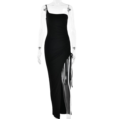 Spring Single Shoulder Cami Dress Tight Ruched High Split Maxi Dress for