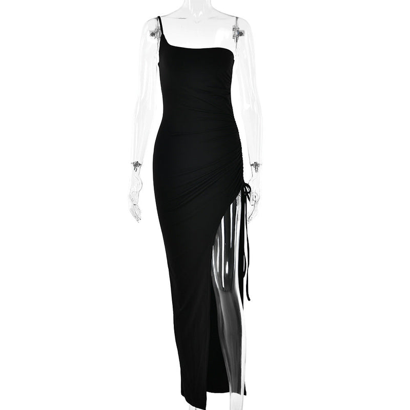 Spring Single Shoulder Cami Dress Tight Ruched High Split Maxi Dress for