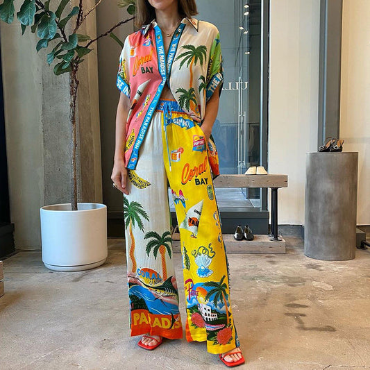 Summer Clothing Multicolor Printing Elastic Waist With Pocket Wide Leg Pants Set