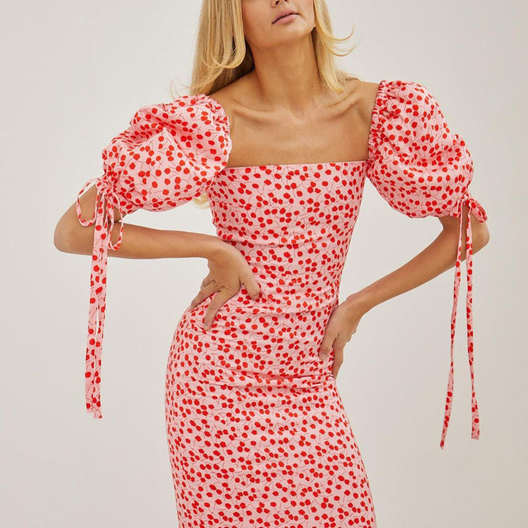 French Clothing Summer Holiday Dress Puff Sleeve Off Neck Slim Fit Long Dress