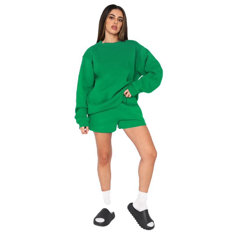 Cotton Autumn Winter Color Round Neck Pullover Long Sleeve Sweater Shorts Set