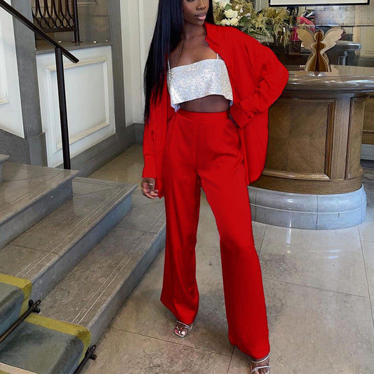 Spring Clothing Stylish Long Sleeves Collared Shirt Wide Leg Pants Suit