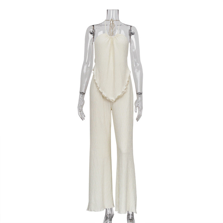 New Backless Spaghetti Straps Vest Beige Pleated Slim Fit Slit Blouse Pants