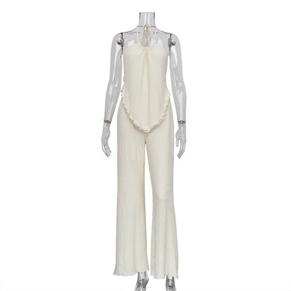New Backless Spaghetti Straps Vest Beige Pleated Slim Fit Slit Blouse Pants