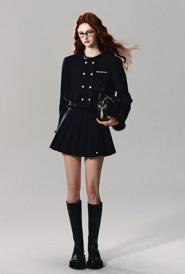 Double Breasted Tweed Jacket/pleated Skirt