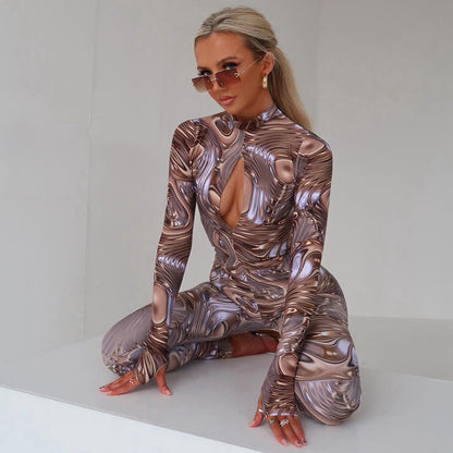Autumn Winter Chest Cutout Out Long Sleeve Backless Jumpsuit Jumpsuit