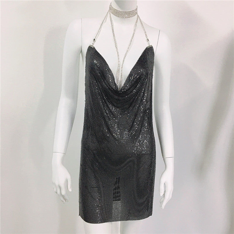 Metallic Coated Fabric Clothing Metal Sequ Dress Sweet Spicy Dress Rhinestone Cami Dress