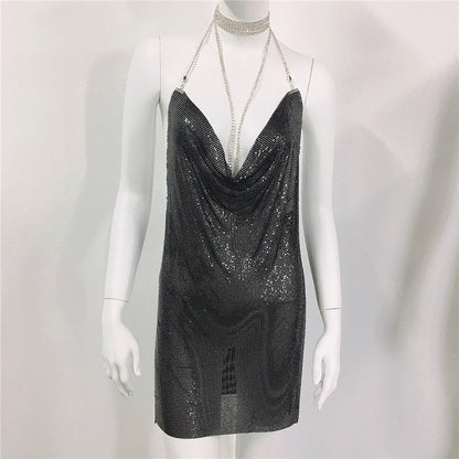 Metallic Coated Fabric Clothing Metal Sequ Dress Sweet Spicy Dress Rhinestone Cami Dress