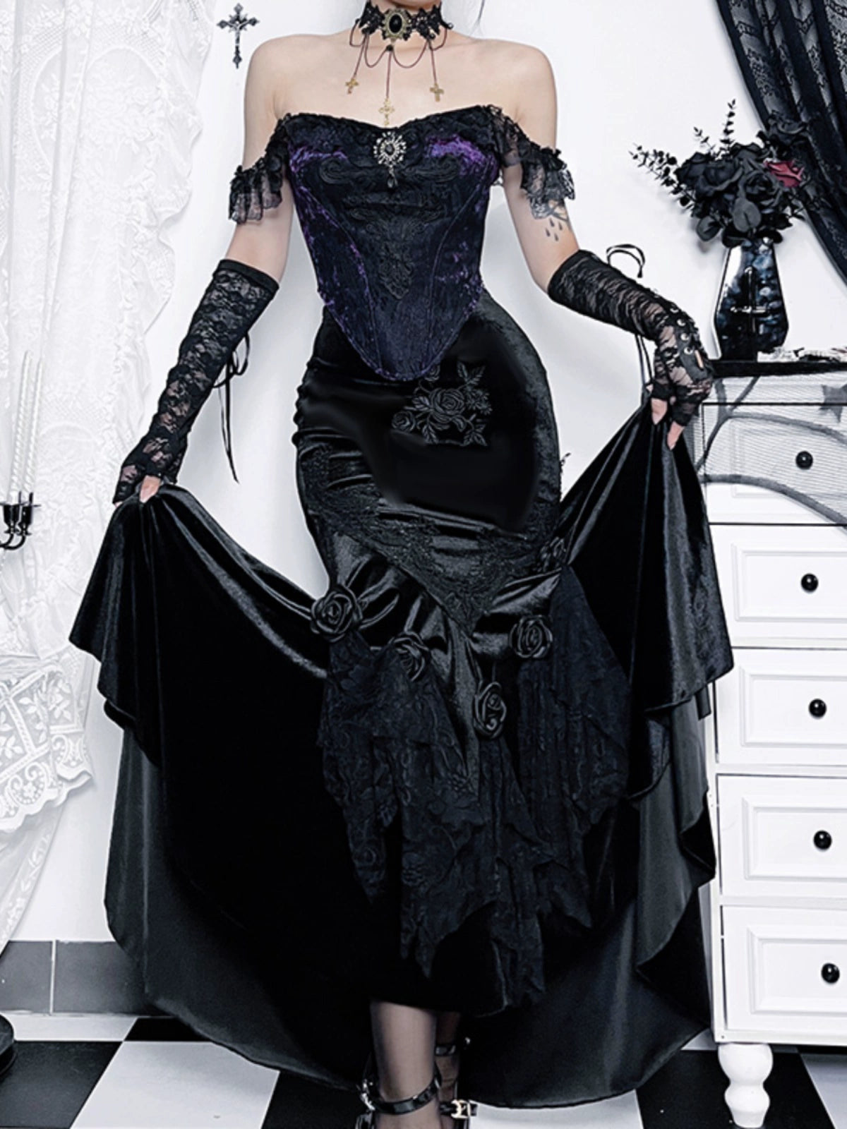 Wannathis Gothic Velvet Ensemble - Off-shoulder Lace Bodysuit With Mermaid Maxi Skirt