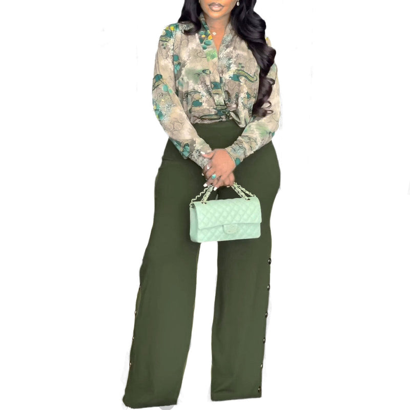 Printed V Neck Shirt Wide Leg Pants Two Piece Set