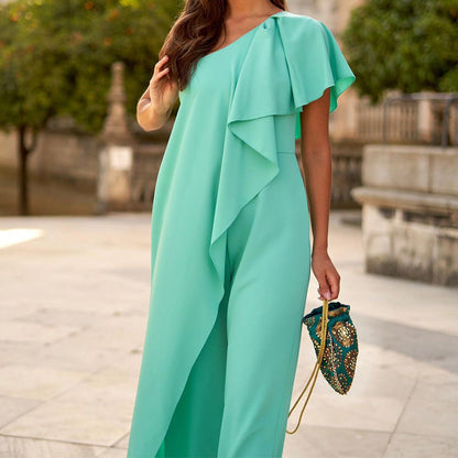 Summer Color Loose Shoulder Long Jumpsuit