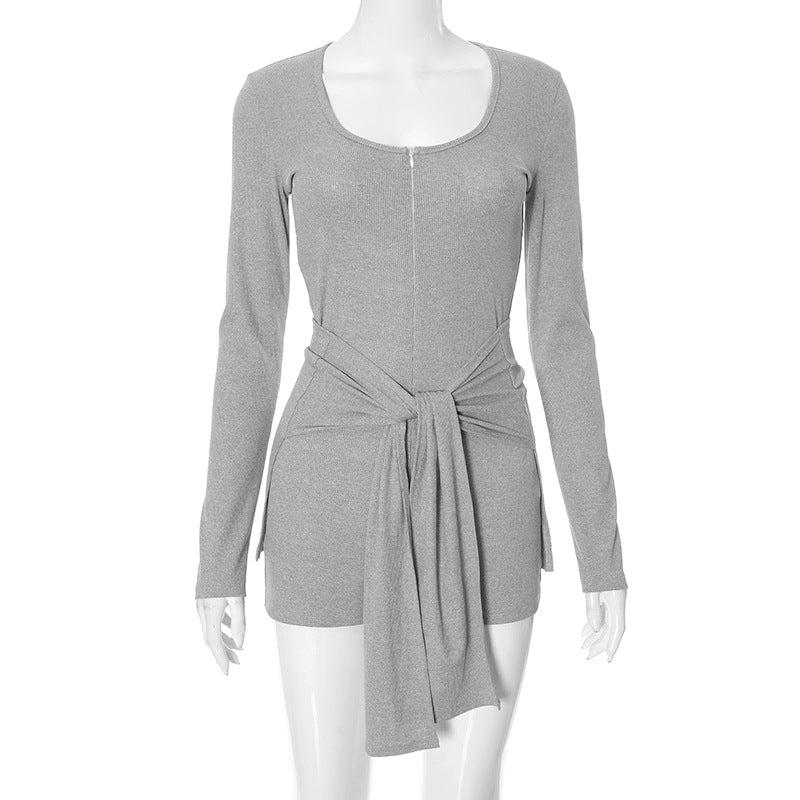 Round Neck Long Sleeve Slim Fit Lace Up Waist Tight Color Jumpsuit