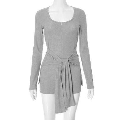 Round Neck Long Sleeve Slim Fit Lace Up Waist Tight Color Jumpsuit