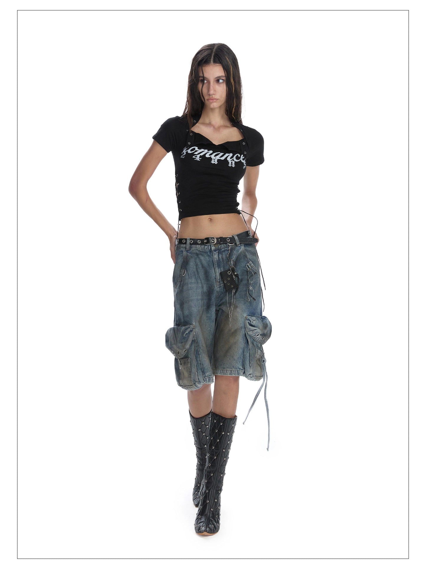24ans Lace-up Graphic Crop Top - Short Sleeve Side-tie T-shirt