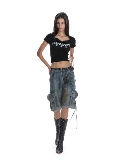 24ans Lace-up Graphic Crop Top - Short Sleeve Side-tie T-shirt