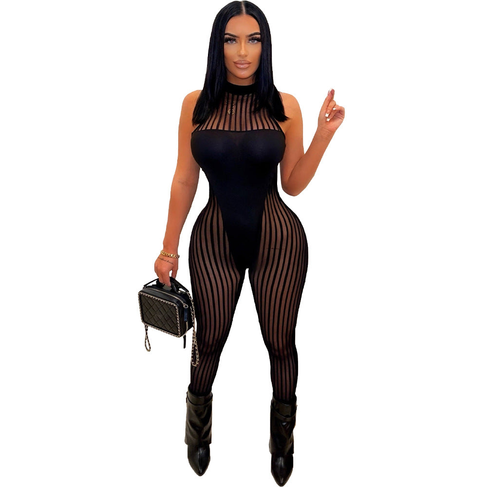 Clothing Mesh Stripes Stitching Jumpsuit