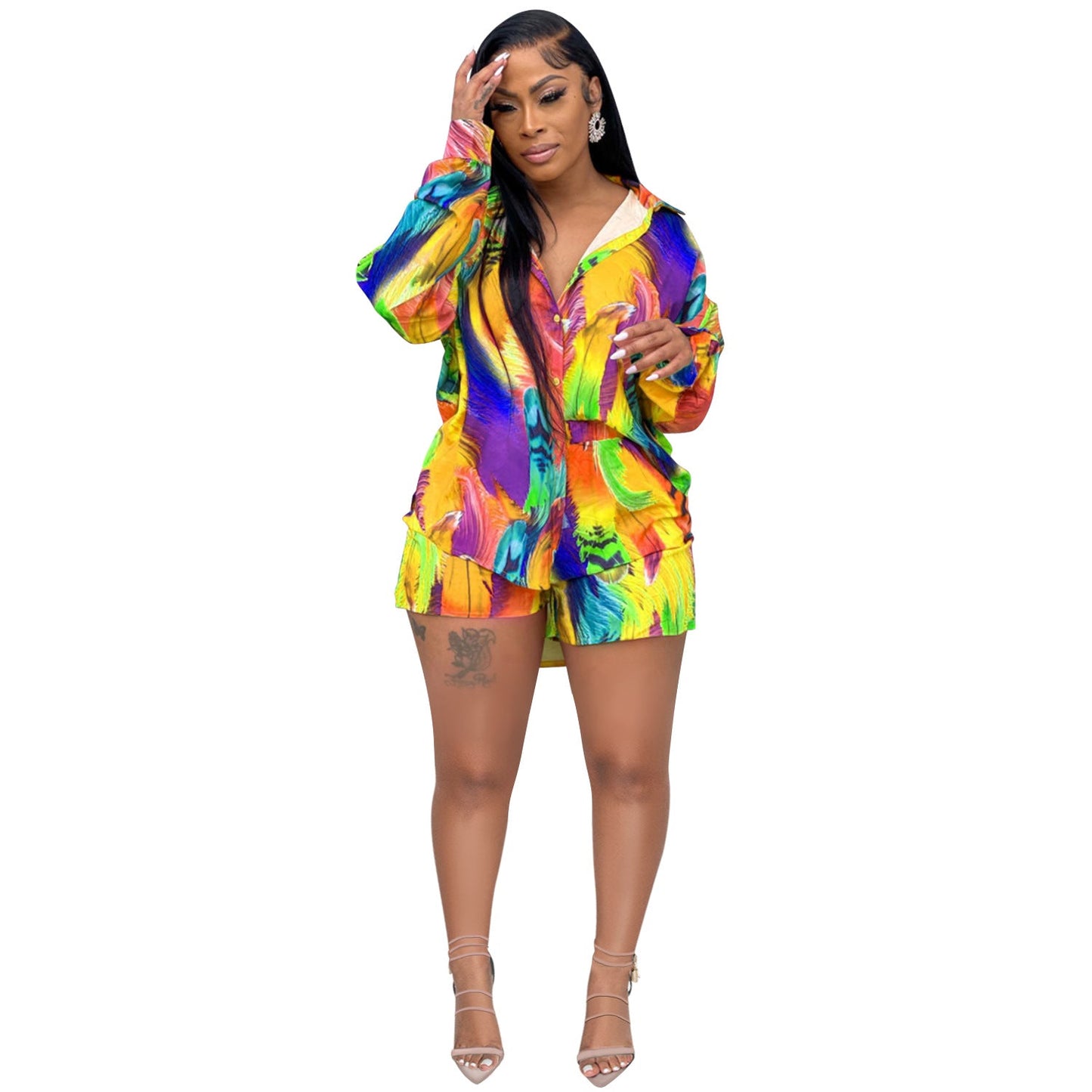 Print Long Sleeve Shorts Two Piece Clothing