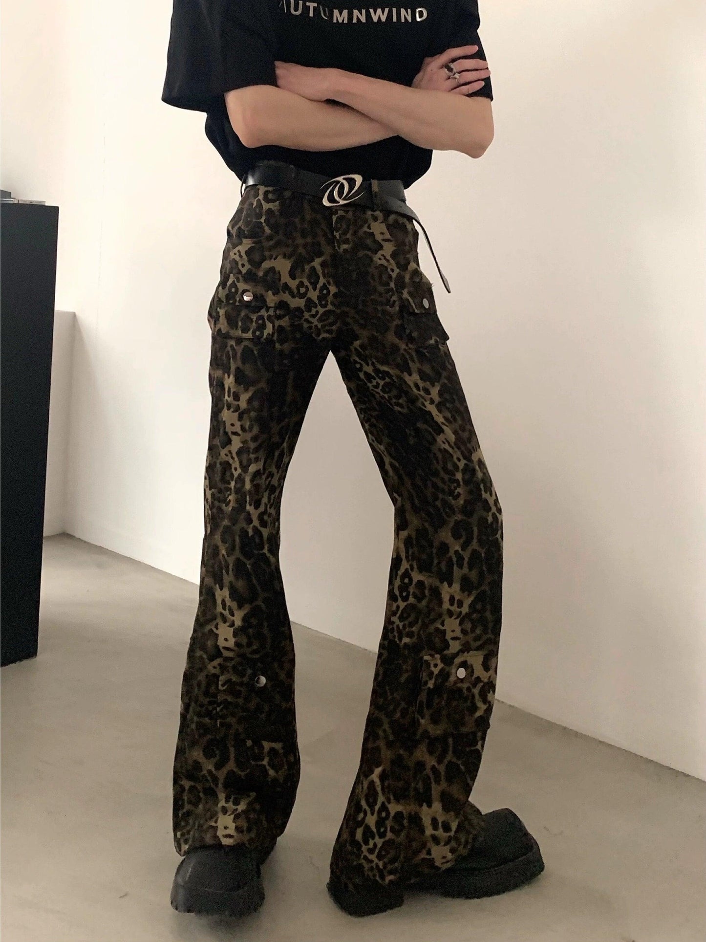 Leopard Print Wide-leg Cargo Pants