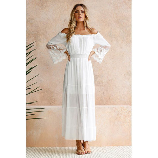 Off Shoulder Lace Patchwork Flared Sleeves Dress Maxi Dress
