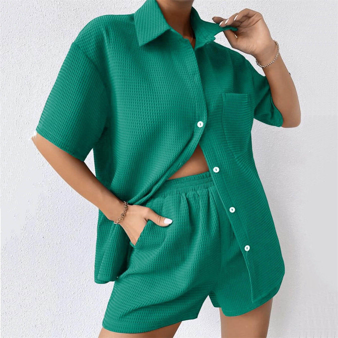 Summer Suit Loose Short Sleeved Shirt Elastic Waist Shorts Two Piece Set