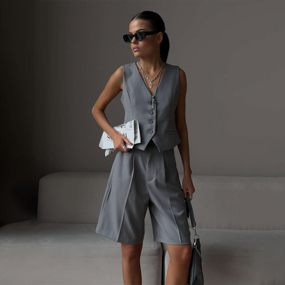 Vest Jacket Spring Summer V Neck Single Breasted Vest Straight Shorts Set